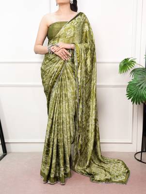 Olive Color geometricprint with Mirror Work Satin Saree 2