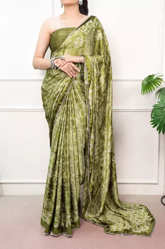 Olive Color geometricprint with Mirror Work Satin Saree
