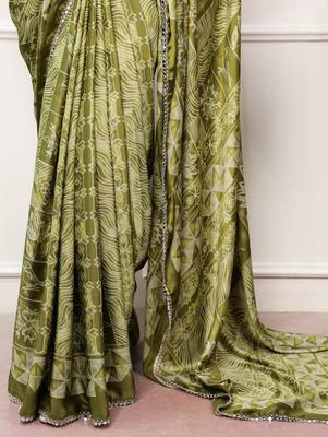 Olive Color geometricprint with Mirror Work Satin Saree 4