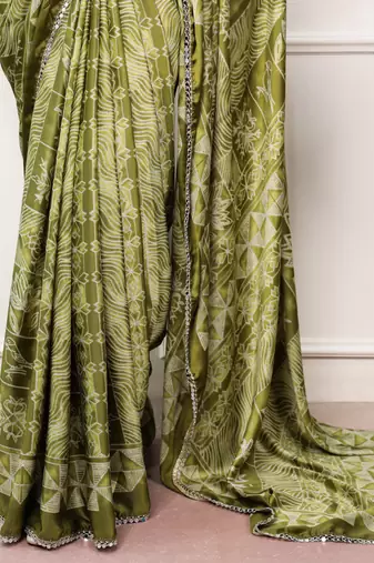 Olive Color geometricprint with Mirror Work Satin Saree