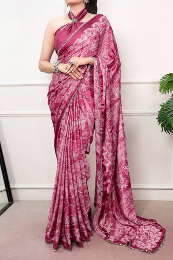 Pink Color geometricprint with Mirror Work Satin Saree
