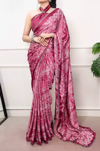 Pink Color geometricprint with Mirror Work Satin Saree
