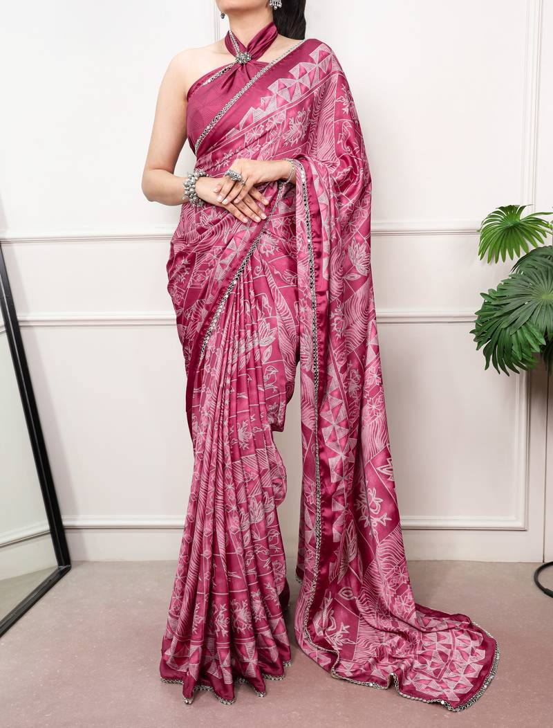 Pink Color geometricprint with Mirror Work Satin Saree