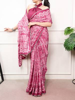 Pink Color geometricprint with Mirror Work Satin Saree 2