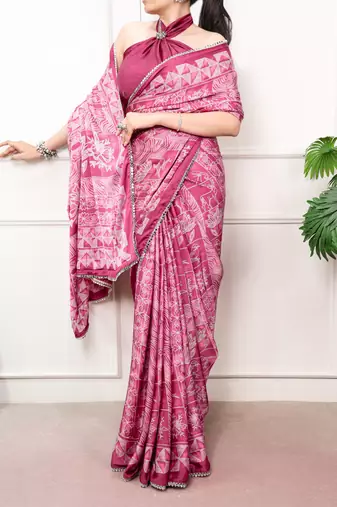 Pink Color geometricprint with Mirror Work Satin Saree
