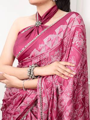 Pink Color geometricprint with Mirror Work Satin Saree 3