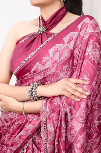 Pink Color geometricprint with Mirror Work Satin Saree