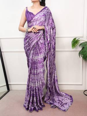 Purple Color geometricprint with Mirror Work Satin Saree 1
