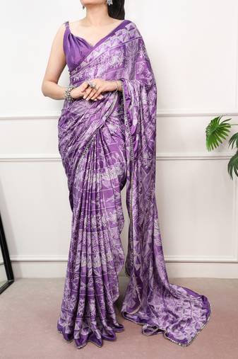 Purple Color geometricprint with Mirror Work Satin Saree