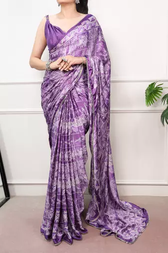 Purple Color geometricprint with Mirror Work Satin Saree