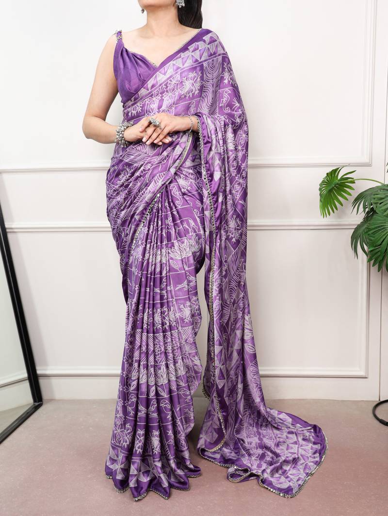 Purple Color geometricprint with Mirror Work Satin Saree