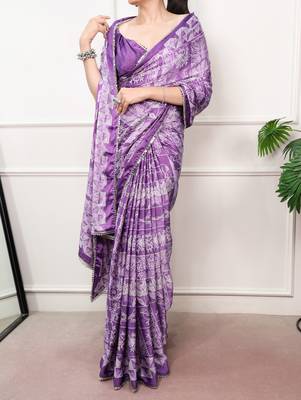 Purple Color geometricprint with Mirror Work Satin Saree 2