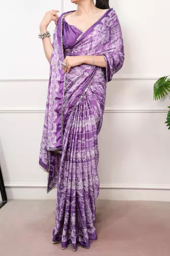 Purple Color geometricprint with Mirror Work Satin Saree