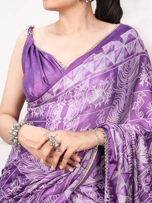 Purple Color geometricprint with Mirror Work Satin Saree 3