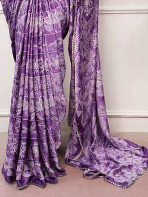 Purple Color geometricprint with Mirror Work Satin Saree 4