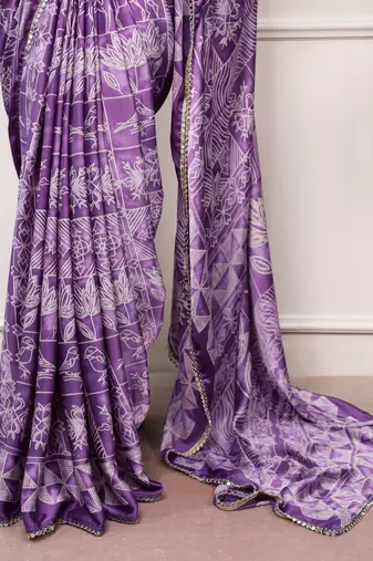 Purple Color geometricprint with Mirror Work Satin Saree