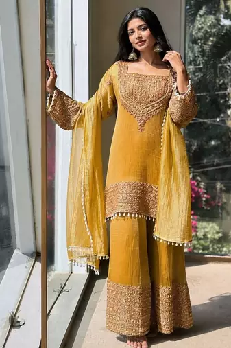 Musturd embroidery silk blend sharara suit set