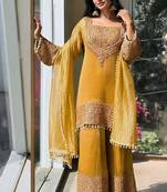 Musturd embroidery silk blend sharara suit set