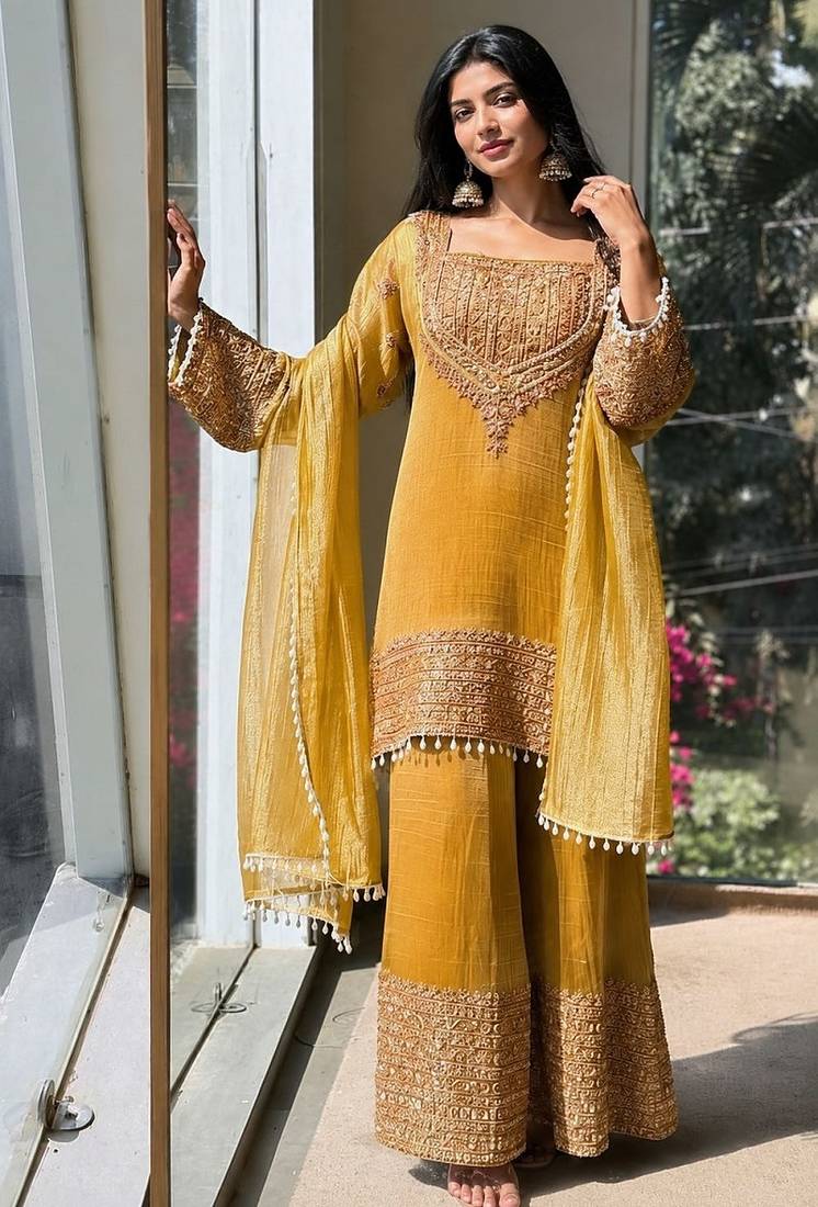 Musturd embroidery silk blend sharara suit set