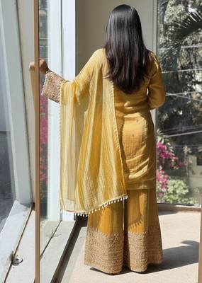 Musturd embroidery silk blend sharara suit set 2
