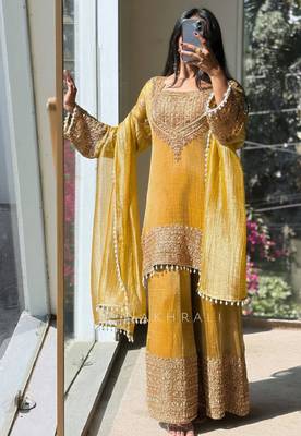 Musturd embroidery silk blend sharara suit set 3