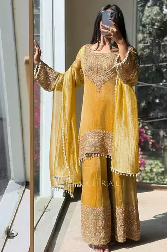Musturd embroidery silk blend sharara suit set