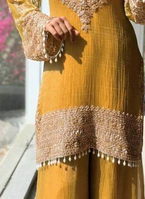Musturd embroidery silk blend sharara suit set 4