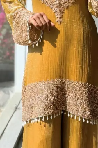 Musturd embroidery silk blend sharara suit set