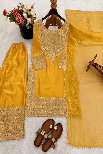 Musturd embroidery silk blend sharara suit set
