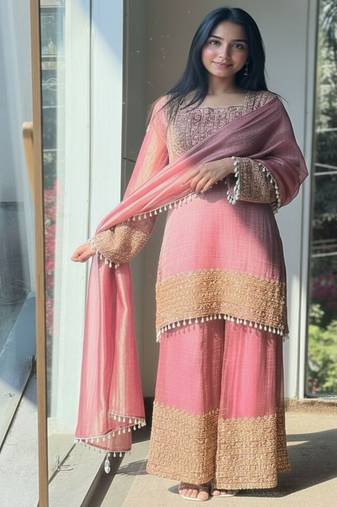 Pink embroidery silk blend sharara suit set