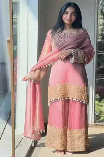 Pink embroidery silk blend sharara suit set