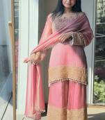 Pink embroidery silk blend sharara suit set