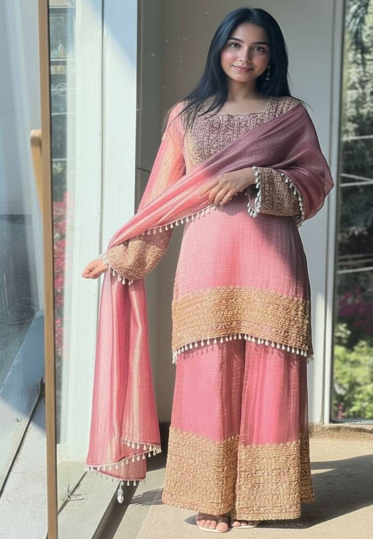 Pink embroidery silk blend sharara suit set