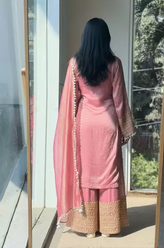 Pink embroidery silk blend sharara suit set