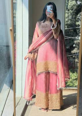 Pink embroidery silk blend sharara suit set 3
