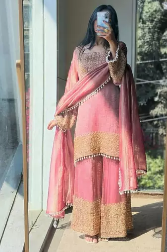 Pink embroidery silk blend sharara suit set