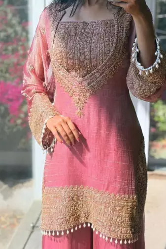 Pink embroidery silk blend sharara suit set
