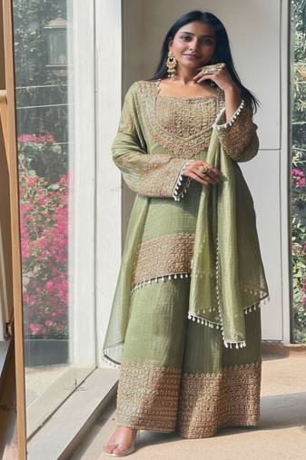 Pista embroidery silk blend sharara suit set