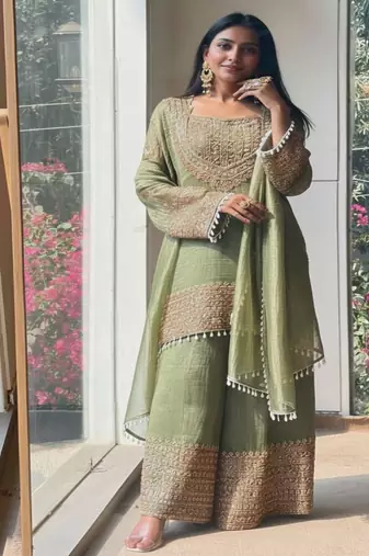 Pista embroidery silk blend sharara suit set
