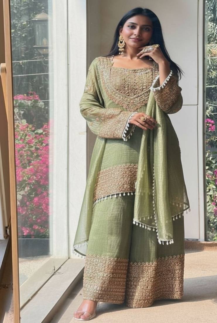 Pista embroidery silk blend sharara suit set
