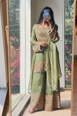 Pista embroidery silk blend sharara suit set 3