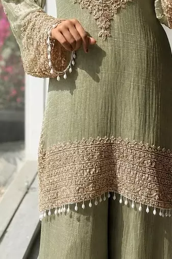 Pista embroidery silk blend sharara suit set