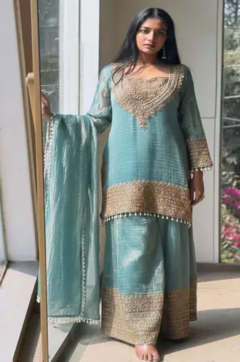 Sky embroidery silk blend sharara suit set