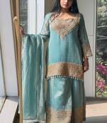Sky embroidery silk blend sharara suit set