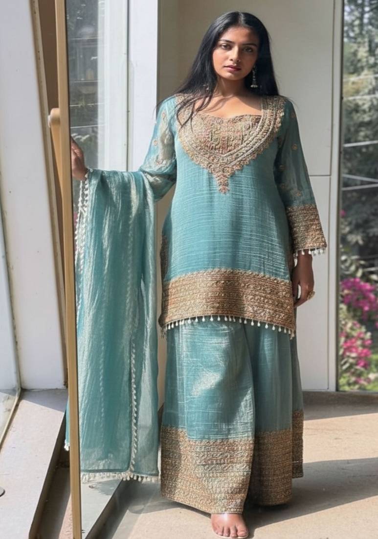 Sky embroidery silk blend sharara suit set
