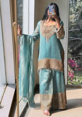 Sky embroidery silk blend sharara suit set 3