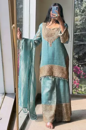Sky embroidery silk blend sharara suit set