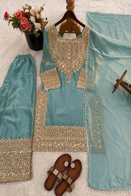 Sky embroidery silk blend sharara suit set 5