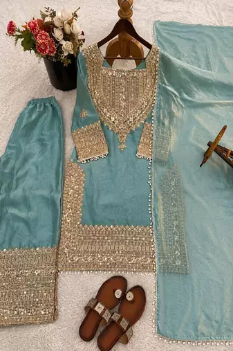 Sky embroidery silk blend sharara suit set
