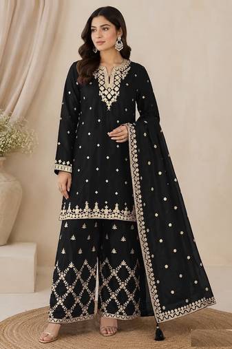 black  silk blend  wedding semi stitched palazzo set